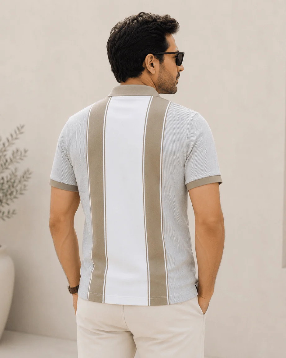 Newtone Men's Premium Color Block Polo T-Shirt – White & Beige | Half Sleeve Cotton Polo