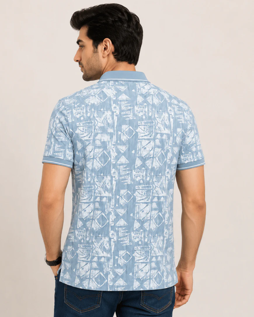 Newtone Men's Premium Abstract Printed Polo T-Shirt – Sky Blue | Half Sleeve Cotton Polo