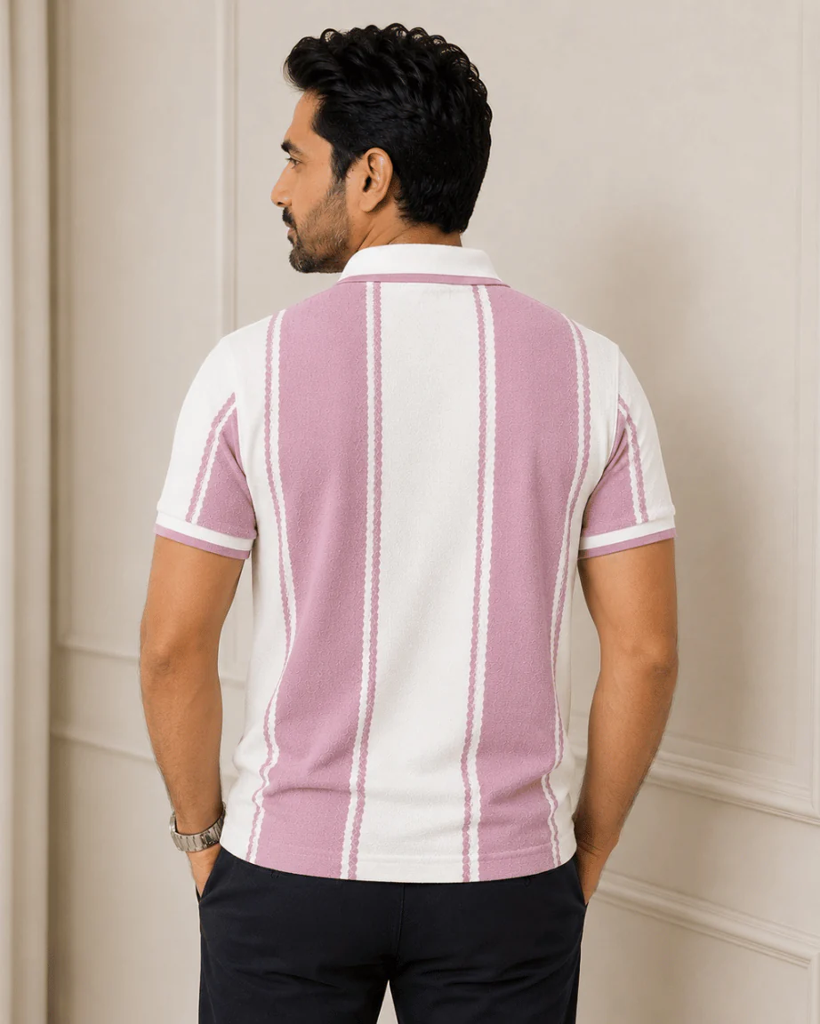 Newtone Men's Premium Vertical Stripe Polo T-Shirt – White & Lavender | Half Sleeve Cotton Polo