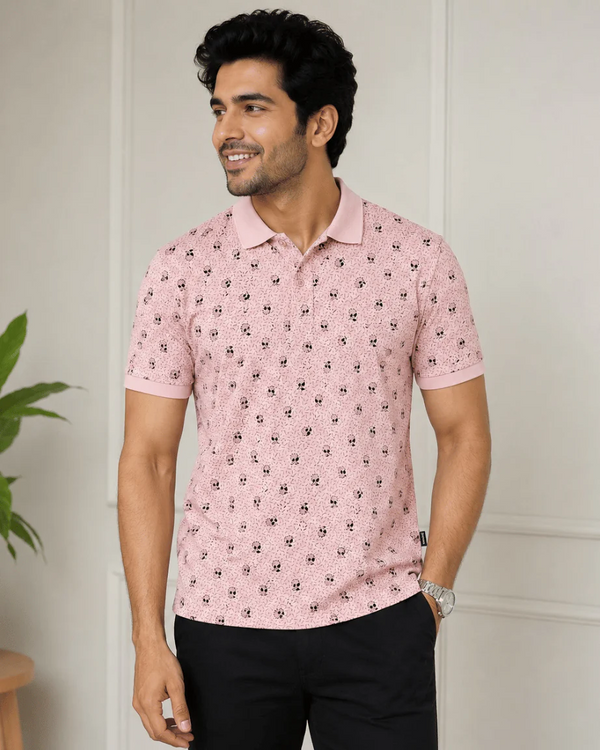 Newtone Men's Premium Printed Polo T-Shirt – Light Pink | Half Sleeve Cotton Polo