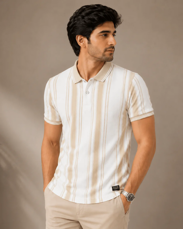 Newtone Men's Premium Vertical Stripe Polo T-Shirt – White & Beige | Half Sleeve Cotton Polo