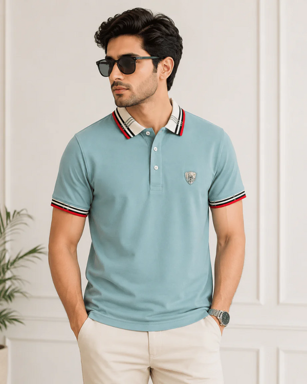 Newtone Men's Premium Contrast Trim Polo T-Shirt – Sky Blue | Half Sleeve Cotton Polo