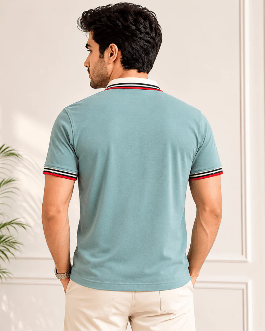 Newtone Men's Premium Contrast Trim Polo T-Shirt – Sky Blue | Half Sleeve Cotton Polo