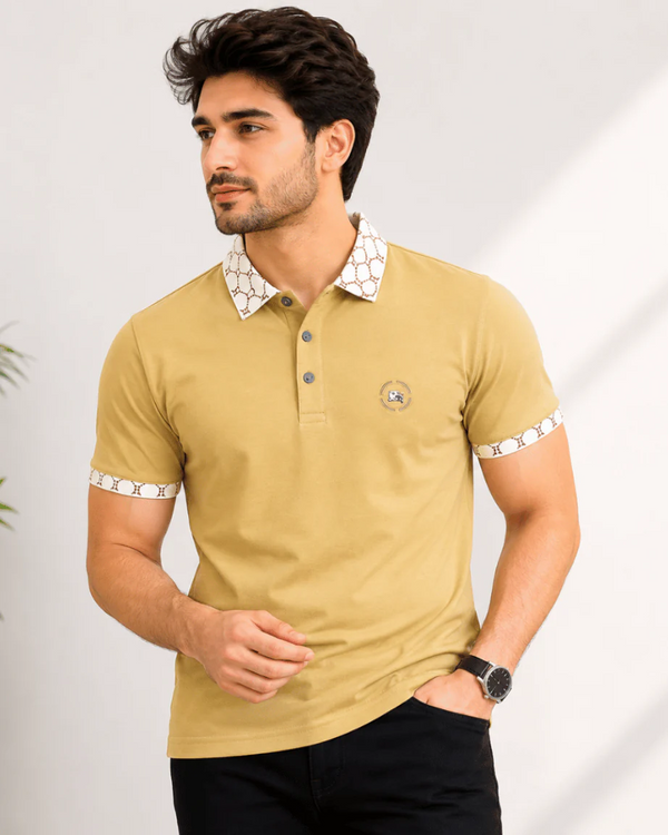 Newtone Men's Premium Contrast Collar Polo T-Shirt – Mustard Beige | Half Sleeve Cotton Polo