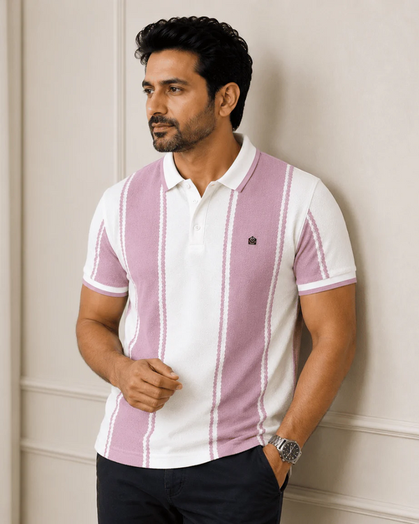 Newtone Men's Premium Vertical Stripe Polo T-Shirt – White & Lavender | Half Sleeve Cotton Polo