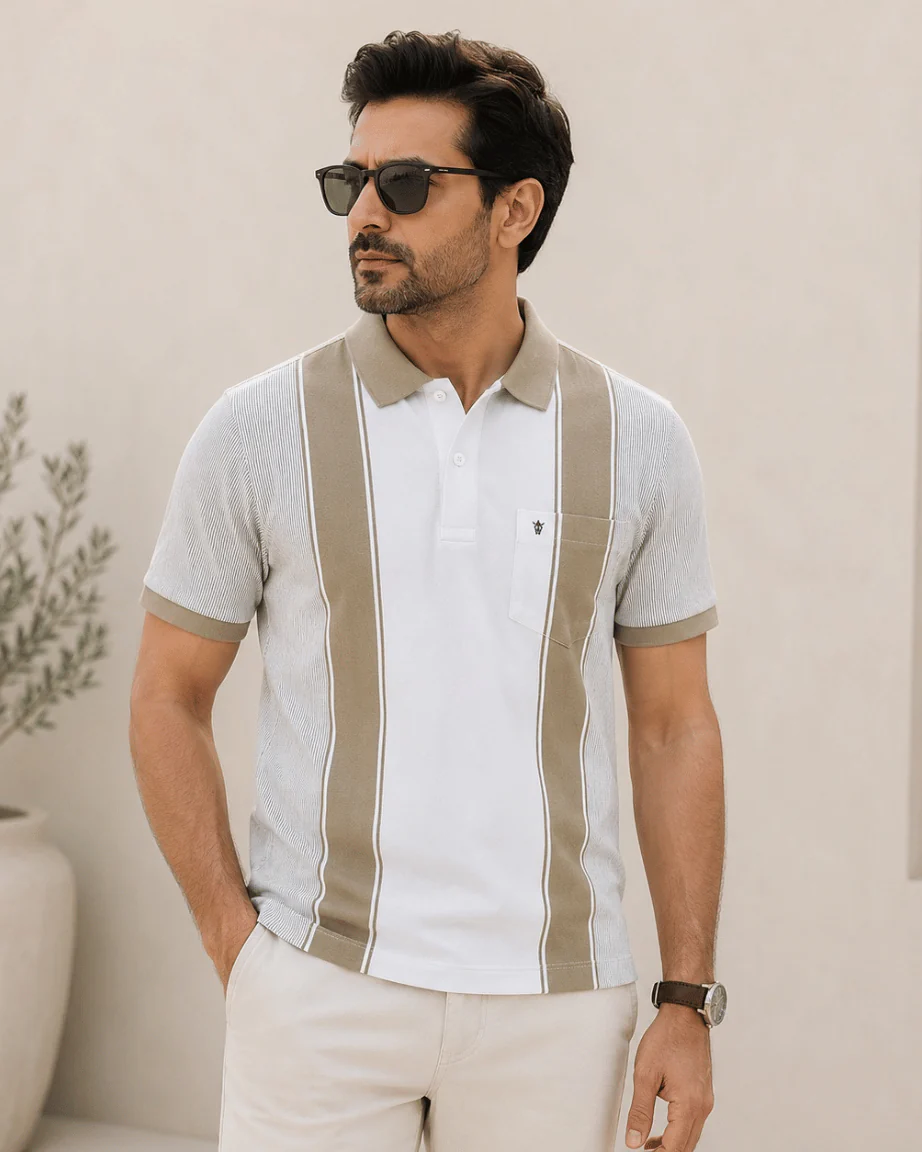 Newtone Men's Premium Color Block Polo T-Shirt – White & Beige | Half Sleeve Cotton Polo