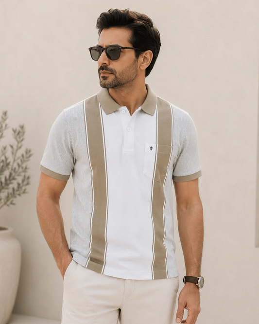 Newtone Men's Premium Color Block Polo T-Shirt – White & Beige | Half Sleeve Cotton Polo