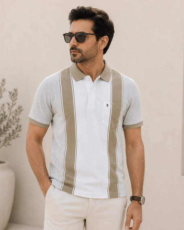 Newtone Men's Premium Color Block Polo T-Shirt – White & Beige | Half Sleeve Cotton Polo