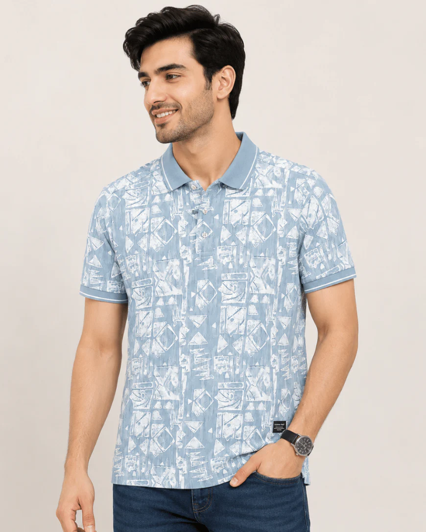 Newtone Men's Premium Abstract Printed Polo T-Shirt – Sky Blue | Half Sleeve Cotton Polo