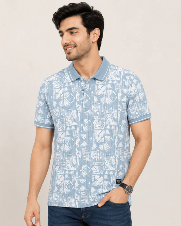 Newtone Men's Premium Abstract Printed Polo T-Shirt – Sky Blue | Half Sleeve Cotton Polo