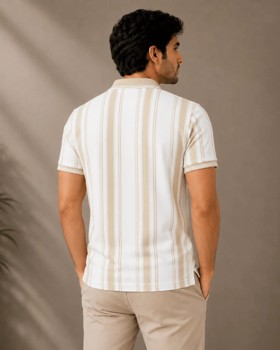 Newtone Men's Premium Vertical Stripe Polo T-Shirt – White & Beige | Half Sleeve Cotton Polo