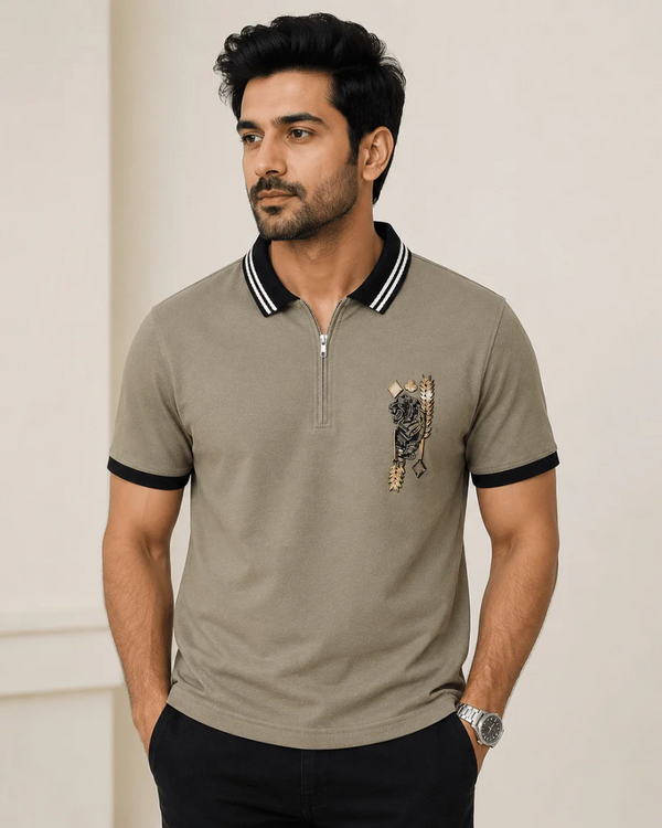 Newtone Men's Premium Embroidered Zip Polo T-Shirt – Olive Grey | Half Sleeve Casual Cotton Polo
